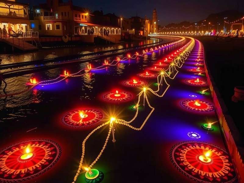 Rishikesh Rush Diwali Event Rishikesh Rush Diwali Dhamaka event screenshot showing illuminated riverbanks with diyas and rangoli patterns