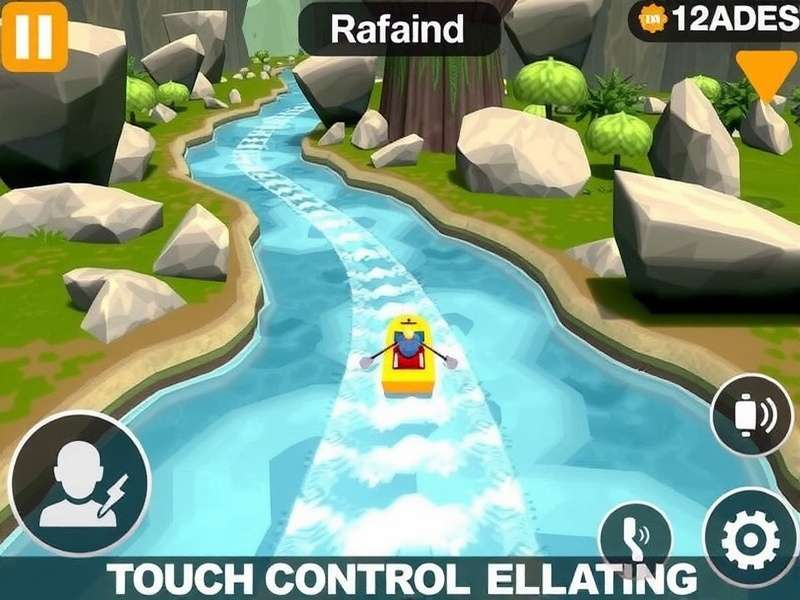 Rishikesh Rush Gameplay Interface Rishikesh Rush gameplay screenshot showing raft navigation through rapids with touch control indicators